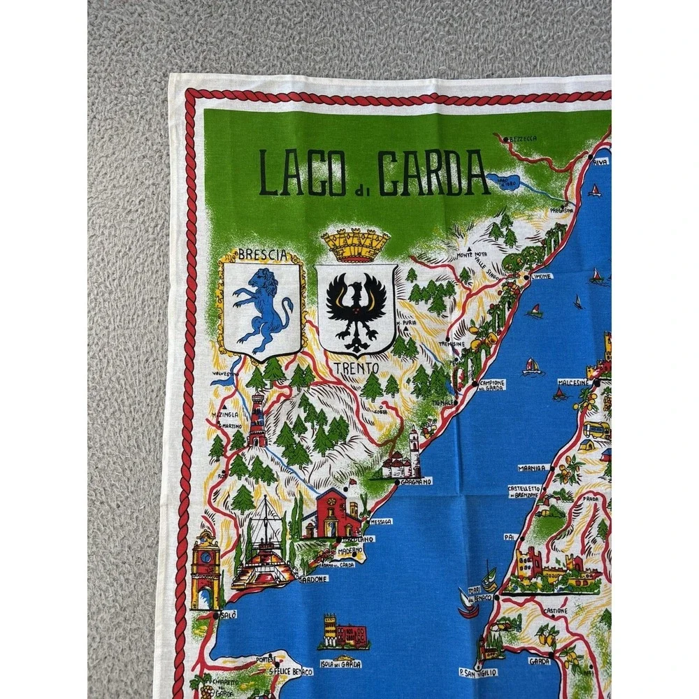 Vintage Lago Di Garda Souvenir Tea Towel Linen MCM Map 34x22